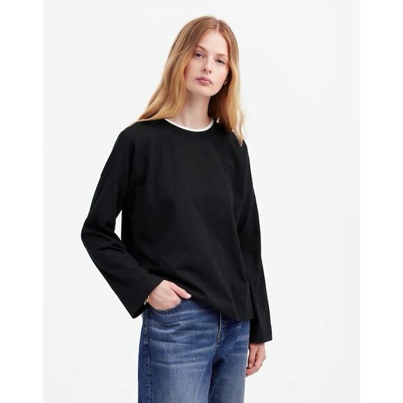 Madewell Easy Crewneck Long-Sleeve Tee Jet Black XS NS589 Capsule Minimalist - Picture 1 of 10